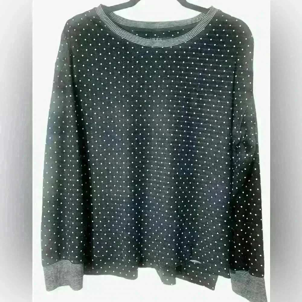Lauren Ralph Lauren Black Long Sleeved Sweater White Polka Dots Large Classic